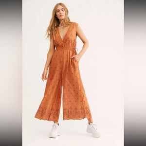 Intimately Free People Orange Sun's Out Eyelet Semi Sheer Boho Jumpsuit Sz XS
